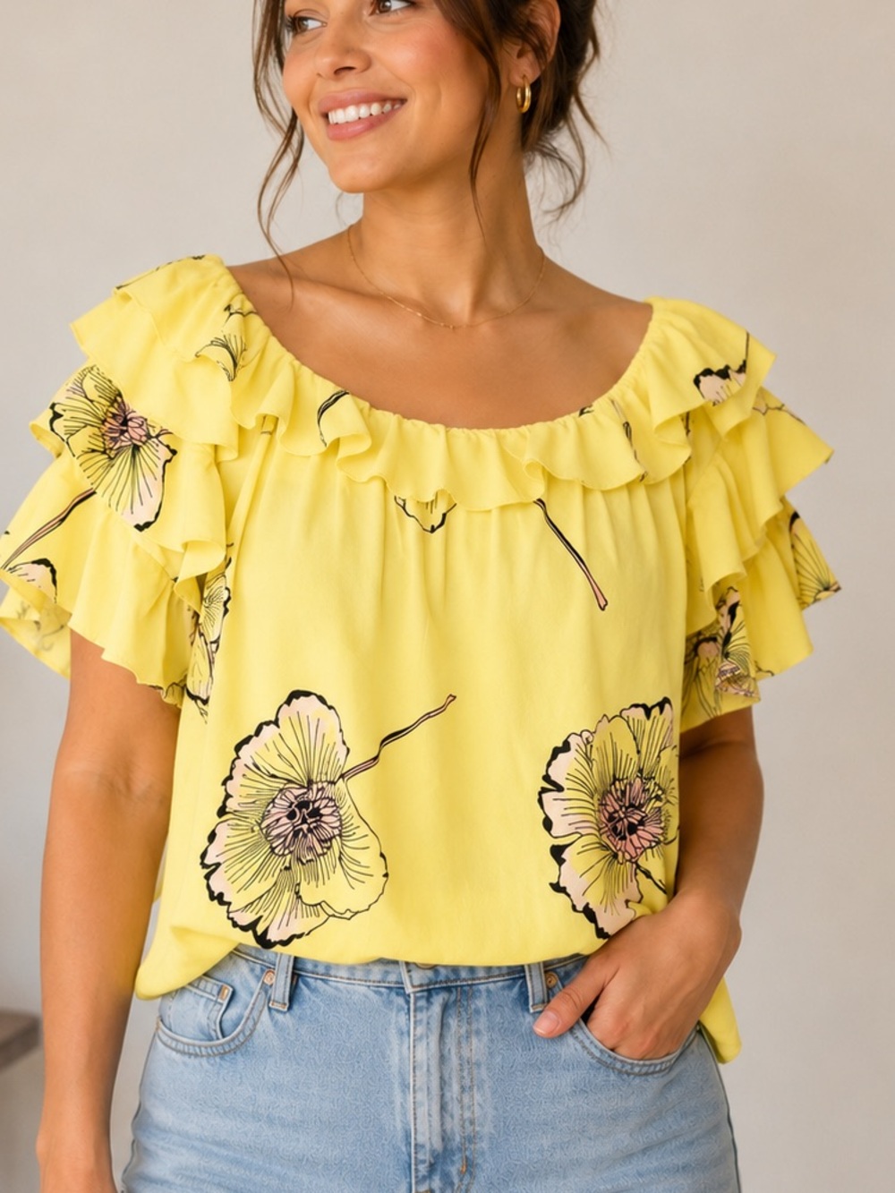 1. State Yellow Floral Ruffle Off-Shoulder Top XS